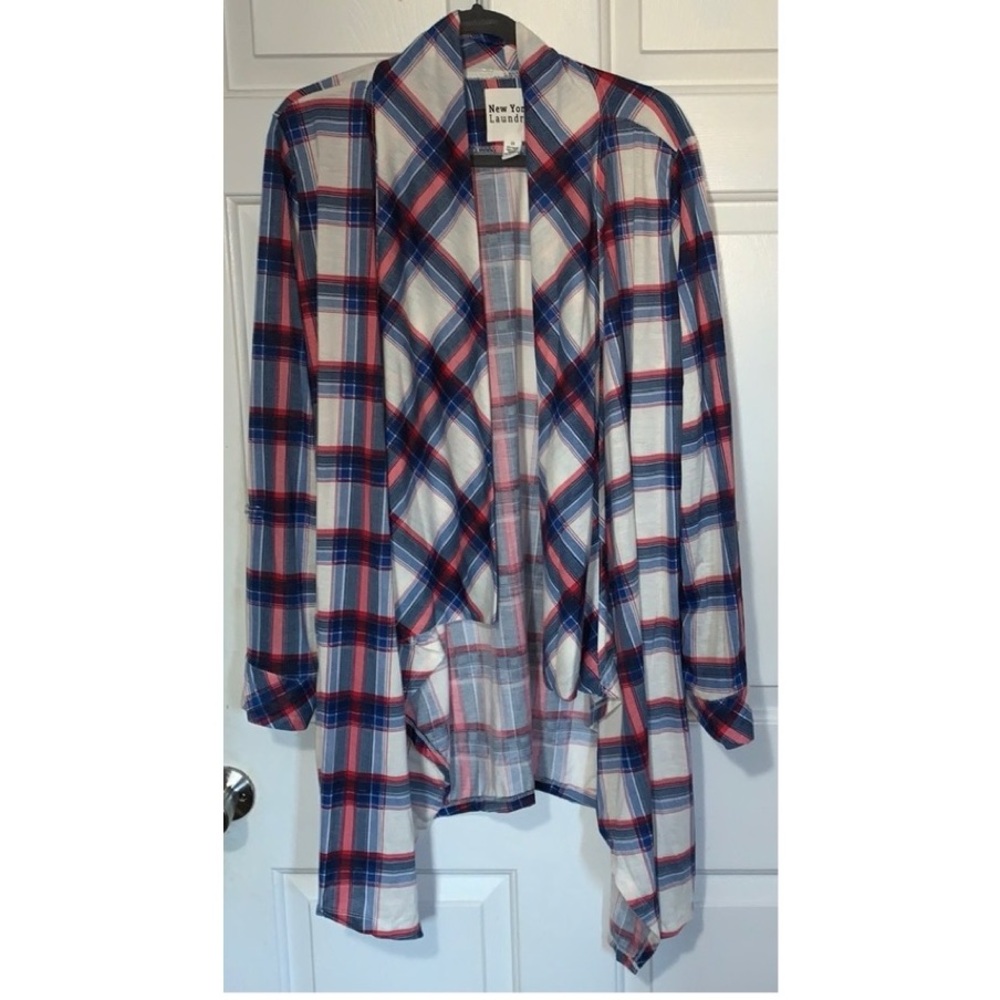 🎄 NEW YORK LAUNDRY Blue Plaid Fly Away Draped Jacket Open Front NWT 2X